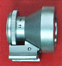 Front view (right) of Nikon dedicated Optical Finder for 2.8cm f/3.5 rangefinder (RF) wideangle lens