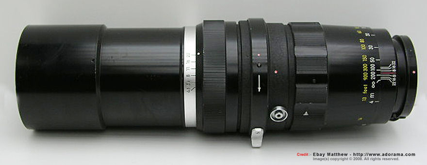 side view of a Nikon (Nippon Kogaku K.K.) RF Nikkor-T 1:4.5 f=35cm (350mm f/4.5) early version telephoto lens