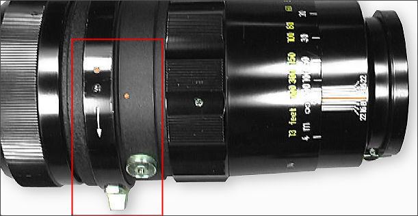 The aperture control and preset diaphragm illusatration on the ring found on the Nikon (Nippon Kogaku K.K.) RF Nikkor-T 1:4.5 f=35cm (350mm f/4.5) early version telephoto lens