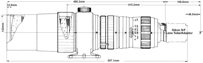 Lens dimension illustration for Nikon (Nippon Kogaku KK) 1:5 f=50cm (RF Nikkor 500mm f/5.0) Super Telephoto lens for Rangefinder Nikon cameras
