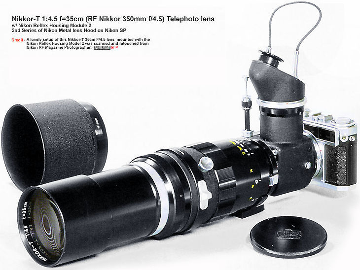 Full setup view of Nikon (Nippon Kogaku K.K.) RF Nikkor-T 1:4.5 f=35cm (350mm f/4.5) telephoto lens in Nikon reflex Housing with original lens hood (second series crinkle finish) and lens cap