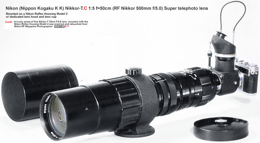 Asuperb view of the setup with Nikon SP in Nikon Reflex Housing mounted with a Nikon (Nippon Kogaku KK) 1:5 f=50cm (RF Nikkor 500mm f/5.0) Super Telephoto lens for Rangefinder Nikon cameras + lens hood