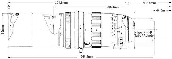 Lens dimension and illustration for Nikon (Nippon Kogaku K.K.) RF Nikkor-T 1:4.5 f=35cm (350mm f/4.5) early version telephoto lens