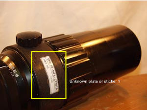 Unidentified plate/labels on the Nikon (Nippon Kogaku KK) 1:5 f=50cm (RF Nikkor 500mm f/5.0) Super Telephoto lens for Rangefinder Nikon cameras