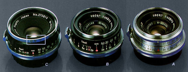 three comparing designs of the vintage Nikon W-Nikkor.C 1:2.5 f=3.5cm (35mm f/2.5) wideangle rangefinder lens