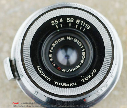 Front view of a chrome finish Nikon's W-Nikkor.C 1:3.5 f=3.5cm (35mm f/3.5) wideangle rangefinder lens