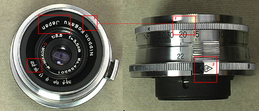 Illustration on 2nd version of Nikon W-Nikkor.C 1:3.5 f=3.5cm (35mm f/3.5) wideangle rangefinder lens