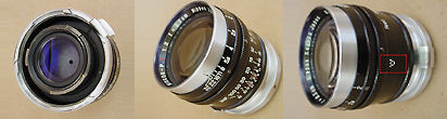 LINK to view avrious images/photo/ pictures of a Contax mount version, Black lens barrel model of a Nippon Kogaku (Nikon) Nikkor-P 1:2 f=8.5cm telephoto lens for Nikon rangefinder cameras