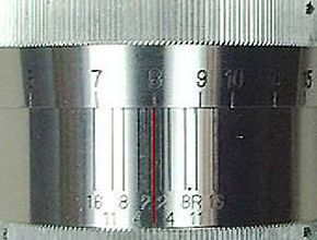 The depth of field scales appearaing on the old, LSM Nikkor-P lens