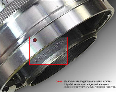 Made in Japan symbol engraving on the chrome, transitional stage of  MIOJ and New Japan fon the  Nikkor-P 1:2 f=8.5cm telephoto lens for Nikon rangefinder cameras