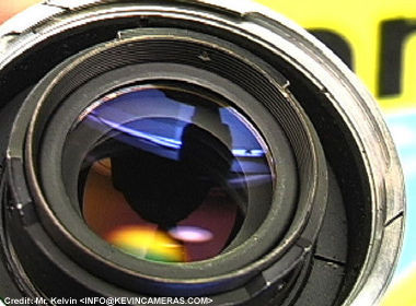 A beautifully taken photo of the rear lens element on a Nikkor-P 85mm f/2.0 rangefinder lens