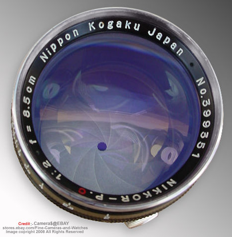 Contax mount version, Black lens barrel model of a Nippon Kogaku (Nikon) Nikkor-P 1:2 f=8.5cm telephoto lens for Nikon rangefinder cameras
