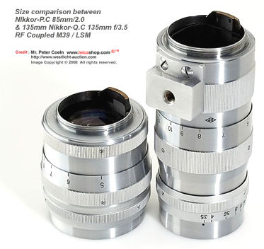 Size and dimesnion compariosn between Nikor-P.C 85mm and 135mm f/3.5 RF coupled to LEICA