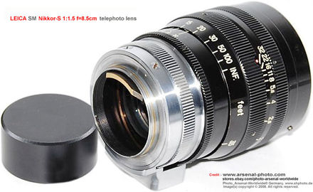 LEICA SM (LSM) Nikkor-S 1:1.5 f=8.5cm telephoto lens with rear SM mount view