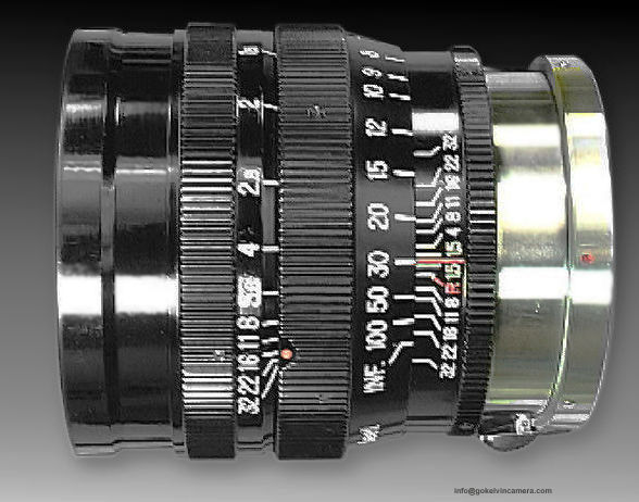 Side view of various lens data a/ features on a Nikkor-S.C 1:1.5 f=8.5cm telephoto lens for Nikon rangefinder cameras