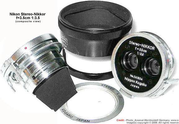  Stereo-Nikkor 3.5cm f/3.5 front and rear lens miunt view with special lens hood and filter