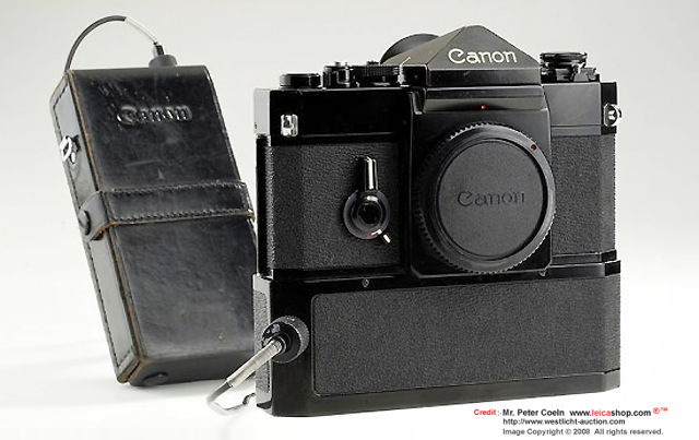 Canon F-1 High Speed Motor Drive Camera very rare high-speed camera for 9 frames per second, approx. only 100 cameras produced for 1972 Olympics, with original battery pack. Approx. Year 1974