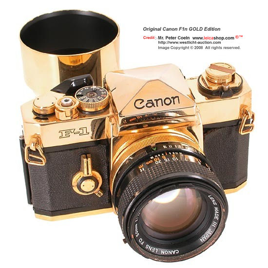 Canon Original F1n GOLD Edition Model,  high shine gold-plated Canon F-1 with matching 1.4/50mm S.S.C., gold-plated hood