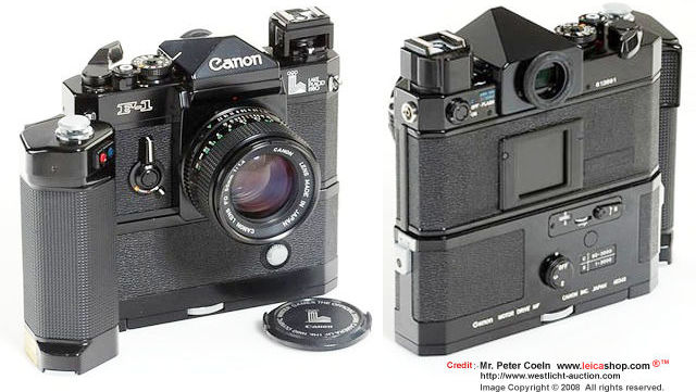Canon F-1 'Lake Placid' Special edition body with FD 1.4/50mm, flash coupler and Motor Drive MF and hand grip MF. Approx. Year: 1980