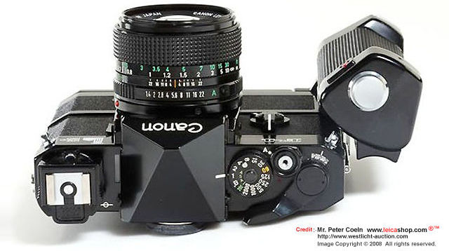 Canon F-1 'Lake Placid' Special edition body with FD 50mm f/1.4, flash coupler and Motor Drive MF and hand grip MF. Approx. Year: 1980 VERTICAL VIEW from the top
 