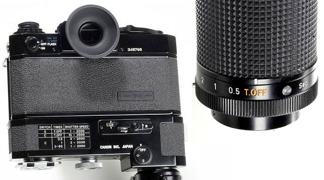 Base section of Canon F-1 Professional SLR camera with special serial number of 1974 and Montreal 1976 top plate, 
Canon FD 1.8/50mm, Montreal cap, motor-drive unit with power-grip. Approx. Year 1974 