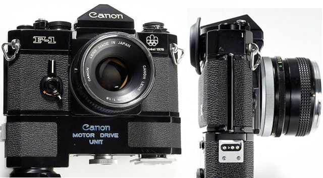 Canon F-1 Professional SLR camera with special serial number of 1974 and Montreal 1976 top plate, 
Canon FD 1.8/50mm, Montreal cap, motor-drive unit with power-grip. Approx. Year 1974 