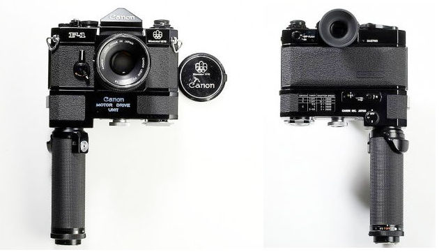 Canon F-1prol SLR camera Montreal cap, motor-drive unit with power-grip 