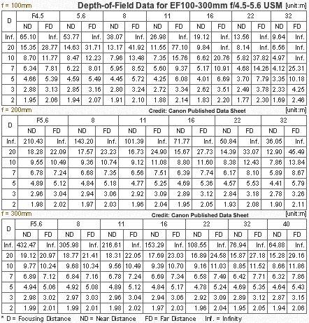 Depth of Field Chart for Canon EF 100-300mm f/4.5~5.6 USM Zoom