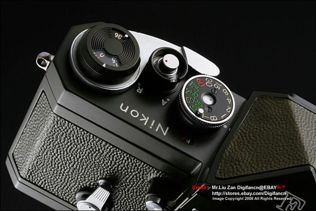 Closer view of Nikon F Olive colored Body with matching Nikor-S Autot 1:1.4 f=50mm standard lens