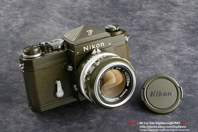 Nikon F Olive colored Body with matching Nikor-S Autot 1:1.4 f=50mm standard lens - lens cap is also being colored in Olive colour