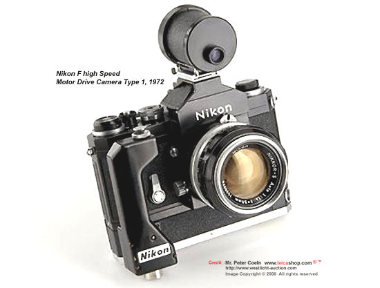 Front section view of 7 frames per second  Nikon F High Speed Camera w/ Special Zoom Finder, 1972