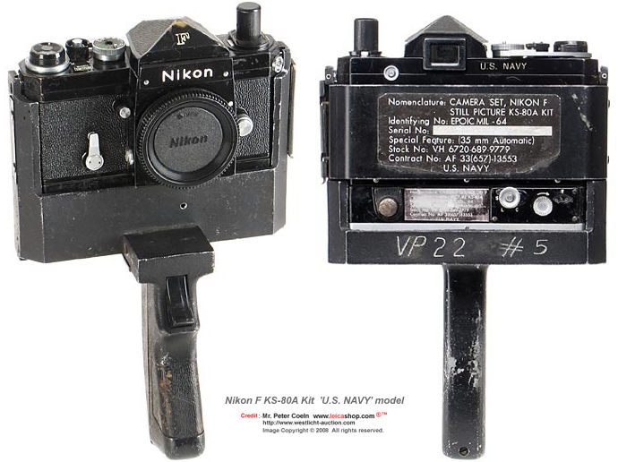Nikon F KS-80A Kit 'U.S. NAVY' Nikon F black Tokyo  engraved: U.S. NAVY with prism finder, raised rewind knob, back with all U.S. NAVY details, modified F-36 motor Tokyo engraved U.S. NAVY, hand grip with electric release, spare back. Approx. Year: c.1964