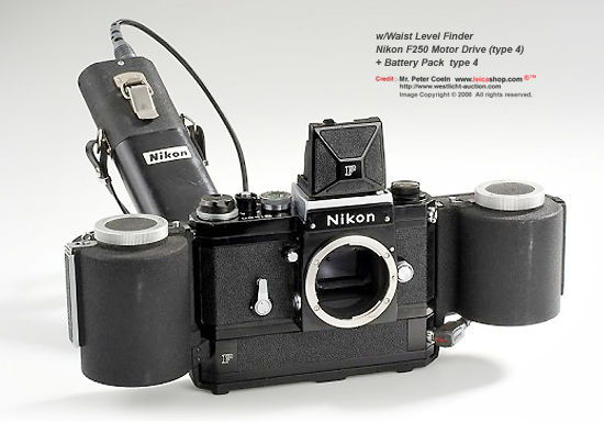 Front view of a Nikon F black body w/waist-level finder, F250 motor drive (type 4) and matching battery pack type 4. Approx. Year: 1969 