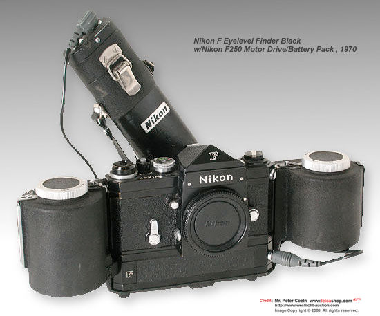 Nikon F Eyelevel Black w/ Nikon F250 MD All balack outfit. Includes a Black Nikon F camera with eye-level finder, F 250 motor drive, black battery pack. Approx. Year: c. 1970 	