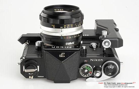 A view from the top of various control features on a Nikon F Eyelevel Black w/Nikon F36 Motor Drive unit, 1971

A very late model. Type 72/1 with matching motor drive F-36 type 9, Nikkor-S.C 50mm f/1.4. Approx. Year: 1971