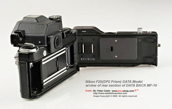 Nikon F2S DATA with MF-10 bata back opened to reveal the internal