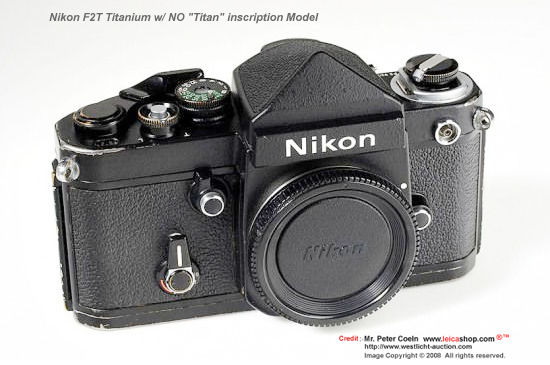 Front view of a standard Nikon F2T  Titanium Body SLR camera model without theTitan Incription at the front panel