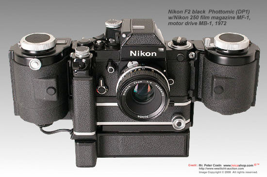 Nikon F2 black set, a very nice outfit: black F2 body with Photomic DP-1, Nikkor 2/50, 250 film magazine MF-1 no.303436, motor drive MB-1, approx. Year: 1972 