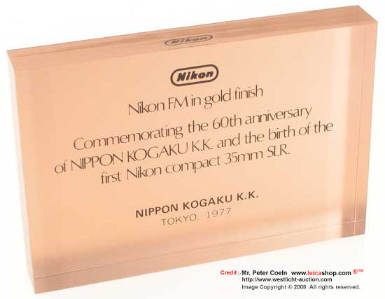 Special certificate of Nikon FM GOLD, 1977