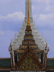 overlapping views of multiple Buddhist Pagodas / temples inside King Palace, Bangkok